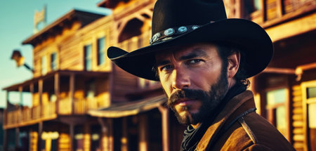 Portrait of a man in a cowboy hat on the background of a wooden house.の素材