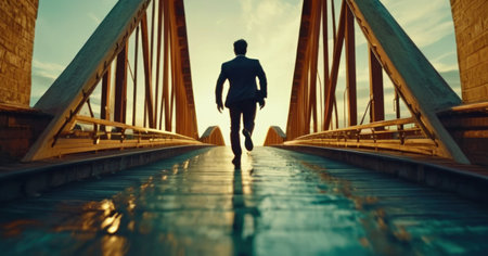 Man running on the bridge at sunset. 3D Rendering.の素材
