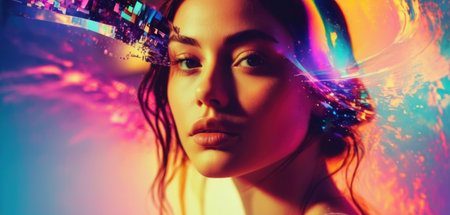 Close-up portrait of a beautiful girl in neon light. Beauty, fashion.の素材