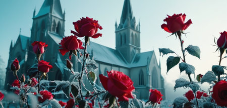 Beautiful red roses on the background of the Church of St. Francis of Assisi in the snowの素材