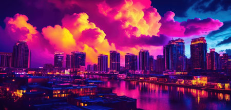 Night view of the city and river. Colorful sky with clouds.の素材