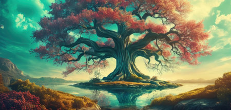 Fantasy landscape with old tree and lake. 3D illustration.の素材