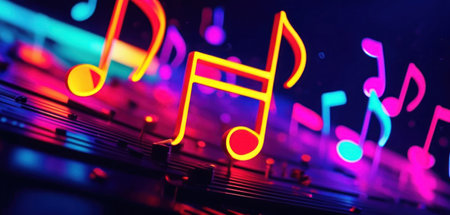 Colorful music notes on a musical keyboard. 3D Renderingの素材