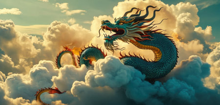 Dragon in the clouds. 3D illustration. 3D rendering.の素材