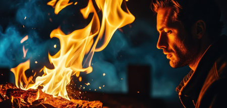 Portrait of a man with a burning fire in his hands.の素材