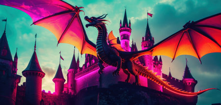 Fairy tale castle with dragon and dragon in fantasy kingdom. Halloween backgroundの素材