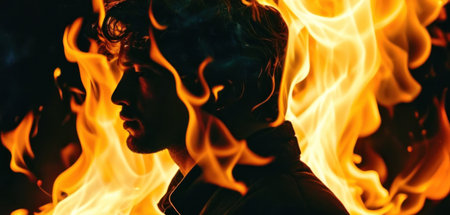 Portrait of a handsome young man with a beard in a black jacket on a background of fire.の素材