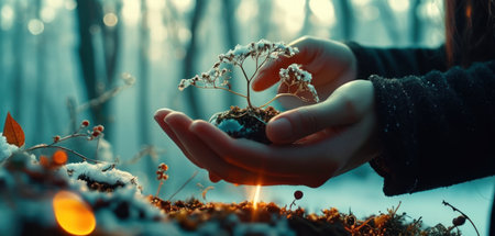 Woman hands holding a small plant growing on the ground in winter forestの素材