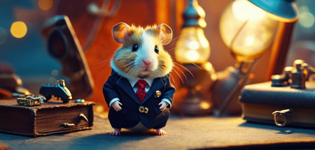 Hamster in a suit on the background of old books and lampsの素材