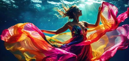 Beautiful woman in a dress in the sea with a flying fabricの素材