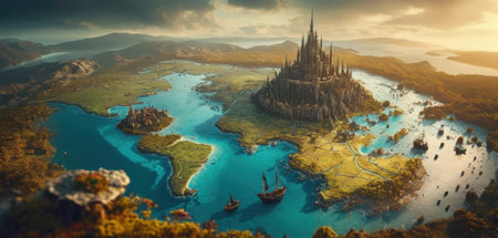 Fantasy landscape with fantasy planet and ancient temple. 3d renderingの素材