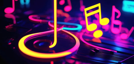 Colorful music notes on a dj's deck. 3d renderingの素材