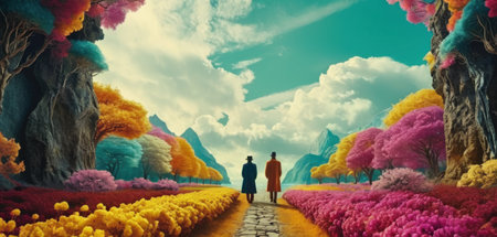 3d illustration of a couple walking on the path between the treesの素材