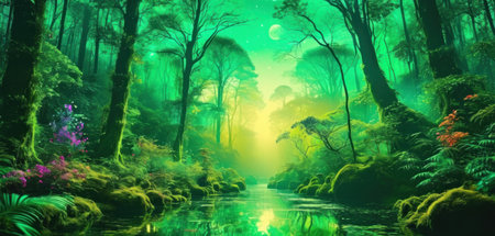 Fantasy landscape with green forest and river. 3d rendering.の素材