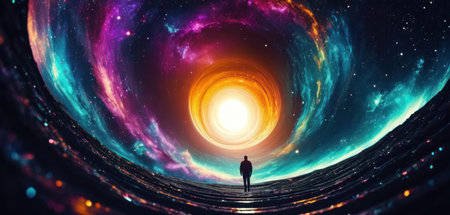 Man standing on planet surface and looking at the universe. 3D renderingの素材