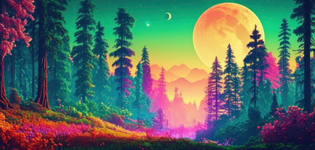 Fantasy landscape with fantasy forest and full moon. 3d illustrationの素材