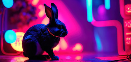 Rabbit in front of a colorful neon background, close-upの素材