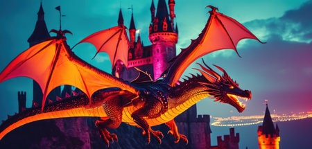 3D rendering of a fantasy dragon with a castle in the backgroundの素材