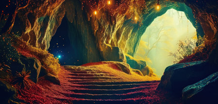 Fantasy cave with stairs leading to the light. 3d renderingの素材