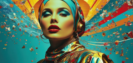 3D illustration of a beautiful woman in a turban and with headphonesの素材
