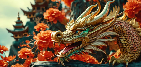 Dragon statue on the roof of the Buddhist temple in Thailand, Asiaの素材
