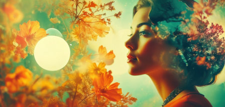 Beautiful young woman with autumn flowers in her hair. Beauty, fashion.の素材