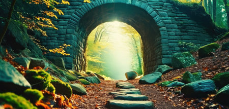 Old stone tunnel in the autumn forest. Landscape of the forest.の素材