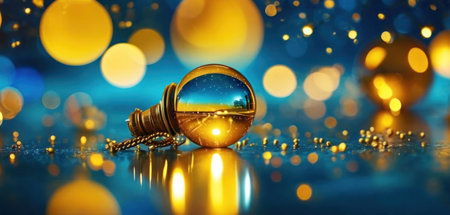 Christmas and New Year background with golden bokeh and glass ballの素材