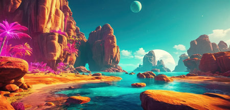Alien Planet - 3D Rendered Computer Artwork. Rocks and seaの素材
