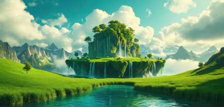 Fantasy landscape with a waterfall. 3d rendering. Computer digital drawing.の素材
