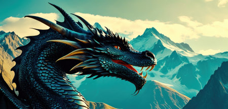 dragon on the background of the mountains. 3d illustration. Fantasy.の素材