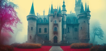 Fantasy castle in a foggy forest. 3D illustration.の素材