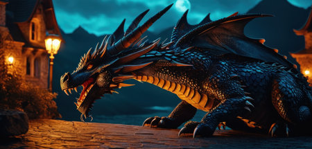 3D rendering of a fantasy dragon in front of a castle.の素材