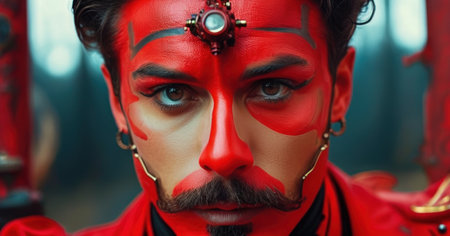 Close-up portrait of a man in a red suit with a face artの素材