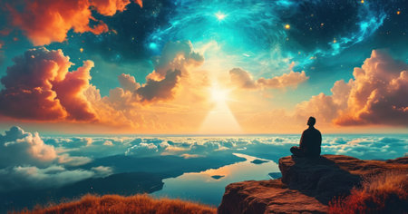 Man sitting on the top of the mountain at sunrise. Dreamy landscape.の素材