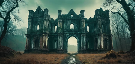 Ruins of an abandoned castle in a foggy misty forestの素材