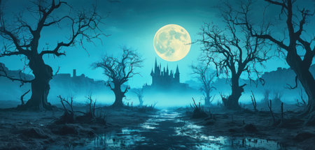 Halloween background with full moon and castle. 3d render illustrationの素材