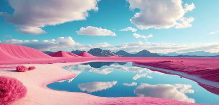 Pink sand dunes with reflection in lake, 3d render illustrationの素材