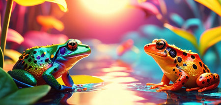 Frogs in the rainforest. 3D rendering. Double exposure.の素材