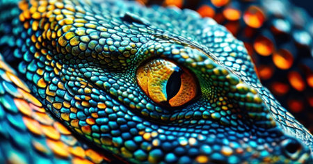 Macro close up of the eye of a lizard. Colorful backgroundの素材