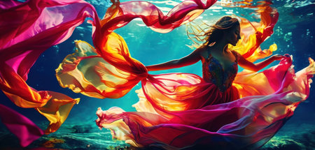 Beautiful young woman in a red dress dancing with flying fabric underwaterの素材