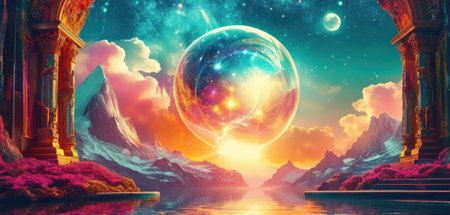 Fantasy landscape with fantasy planet and lake. 3d illustration.の素材