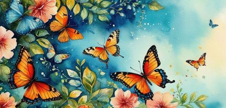 Watercolor floral background with butterflies. Hand drawn watercolor illustration.の素材