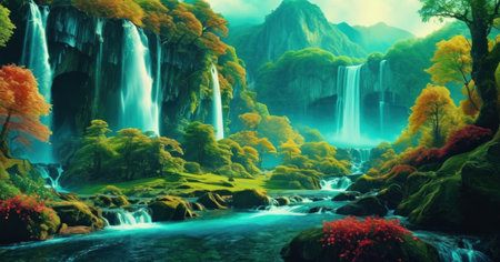 Waterfall in autumn forest. Nature landscape background. Digital painting.の素材