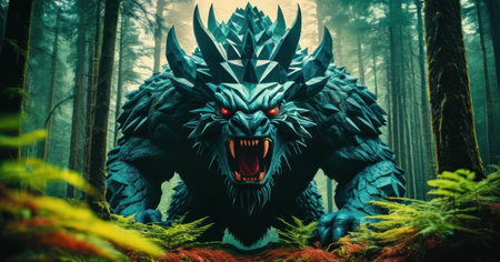 Fantasy monster in the forest. 3D rendering. Fantasy forest.の素材