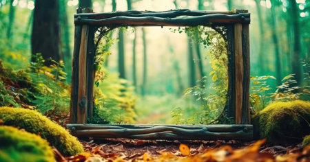 Beautiful autumn forest with old wooden frames. Selective focus.の素材