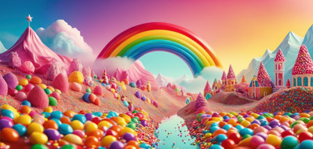 Colorful Easter eggs and rainbow in the sky. 3d illustrationの素材