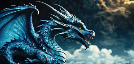 3D rendering of a fantasy dragon with blue skin and black backgroundの素材