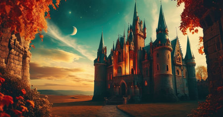 Fantasy landscape with castle and moon. 3d render illustration.の素材