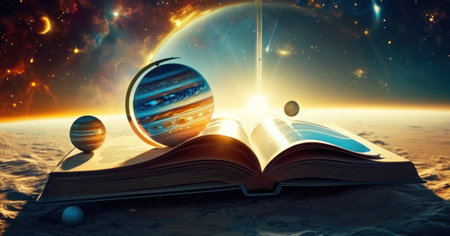Open book with planets on the background of the planet. 3d renderingの素材